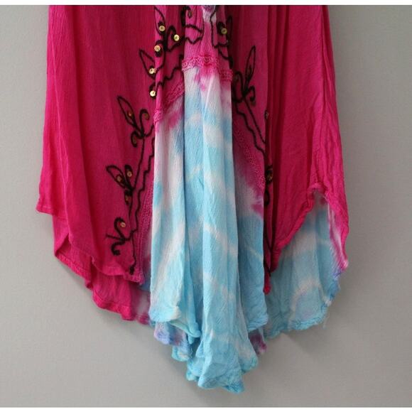 One Size Pink and Blue Dyed Embroidered Tunic Dress - Picture 4 of 5